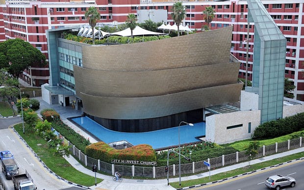 A general view shows the exterior of the City Harvest Church in Singapore