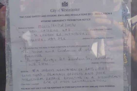 A hygiene emergency prohibition notice at Burger King in Paddington Station