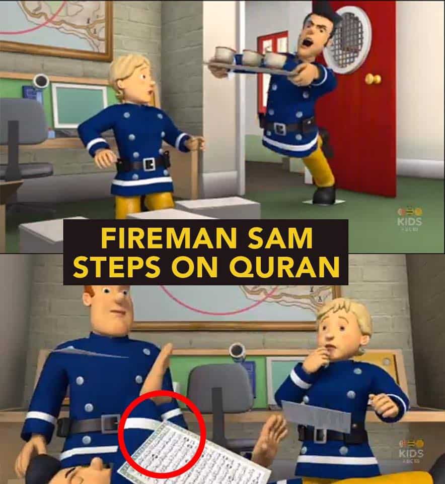 fireman sam steps on quran